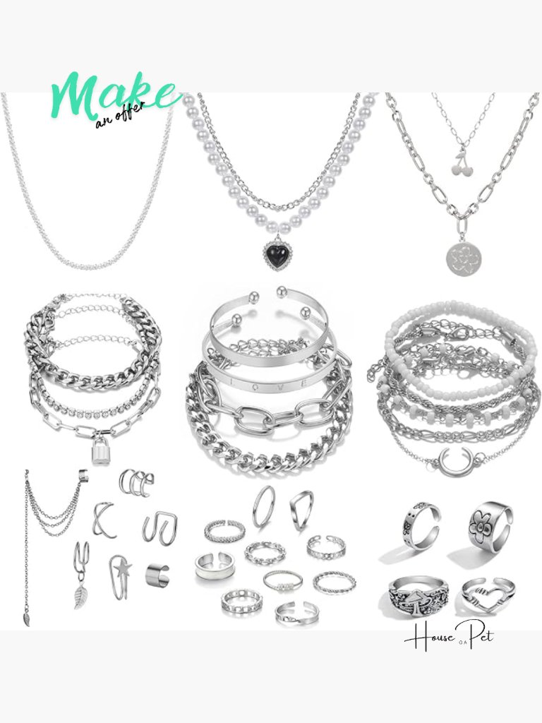 Silver Plated Jewelry Set With Necklaces Bracelets Rings Ear Cuffs